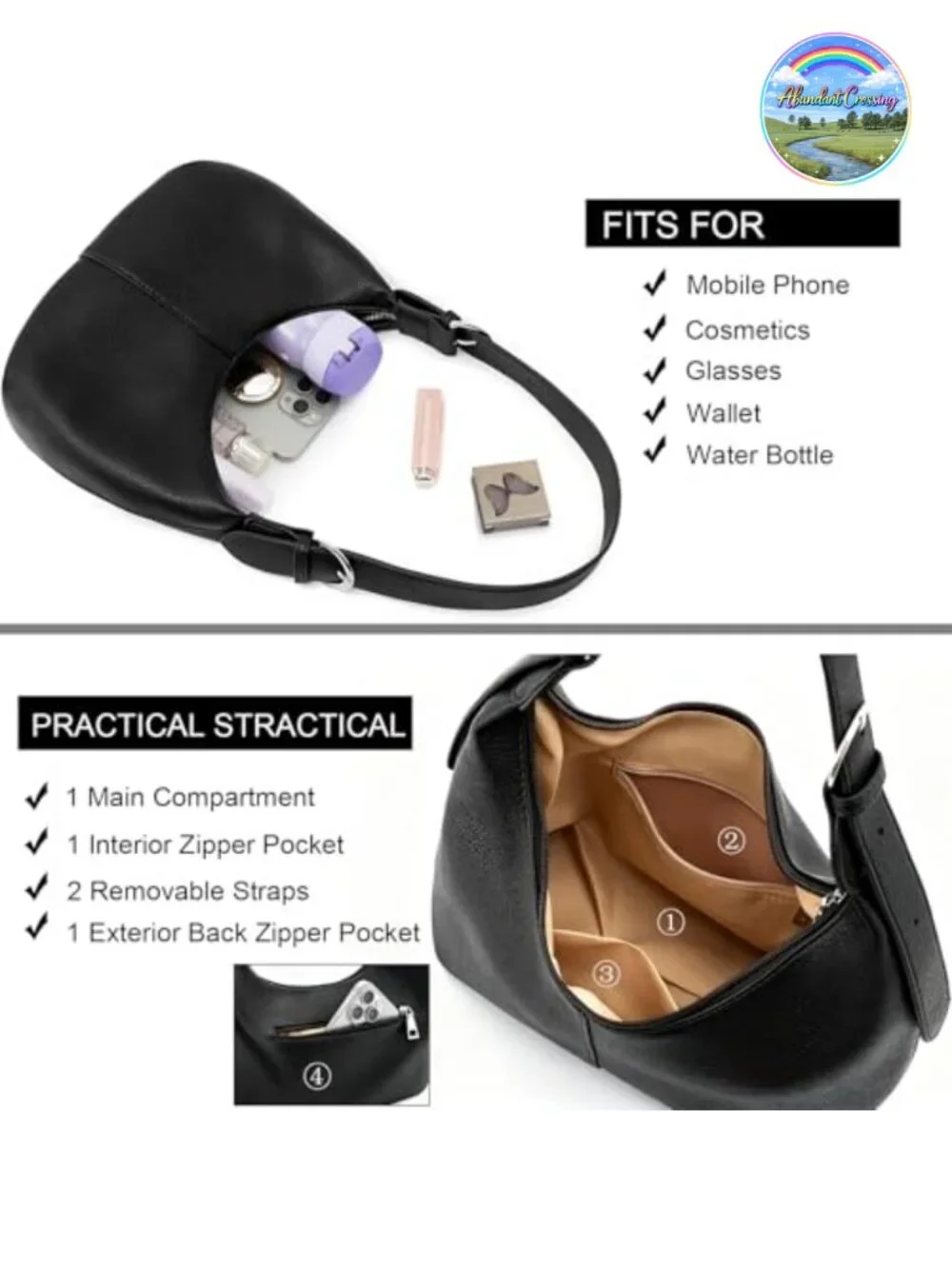Vegan Leather Hobo Handbag Crossbody Purse with 2 Adjustable Straps, Crescent